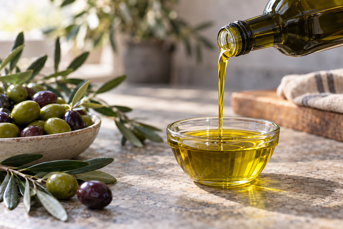 Olio extravergine di oliva versato in una ciotola accanto a olive fresche, immagine editoriale sul tema dell’acidità