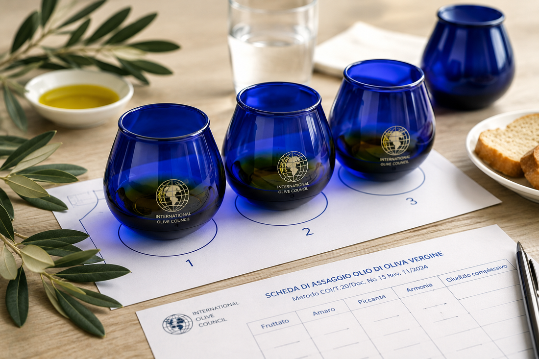 Bicchieri blu da assaggio per la valutazione sensoriale dell’olio extravergine di oliva