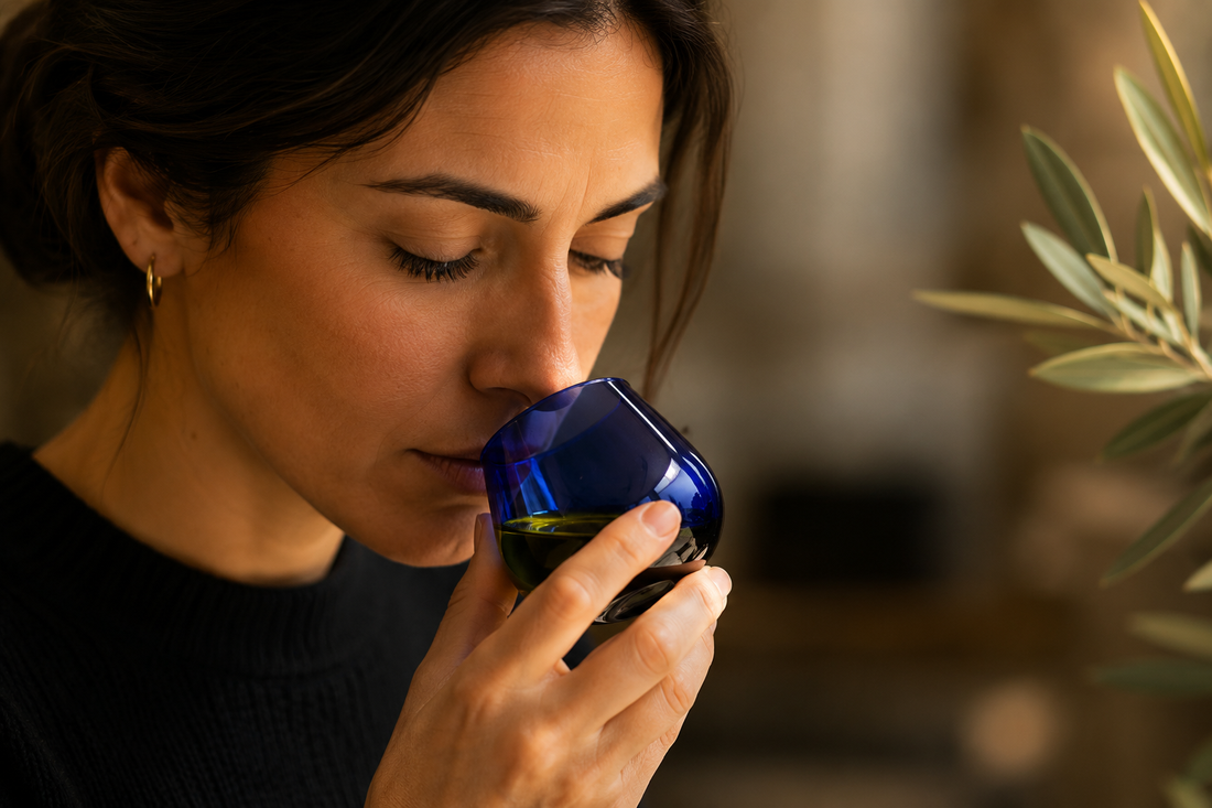 Donna durante la degustazione sensoriale dell’olio extravergine di oliva da un bicchiere blu