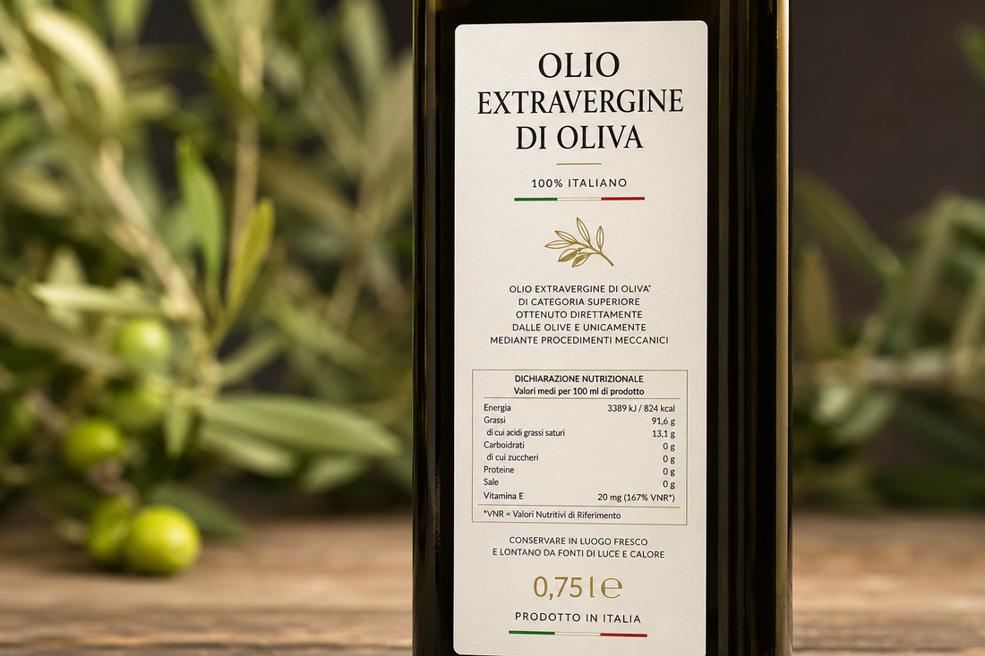 Etichetta di una bottiglia di olio extravergine di oliva italiano in primo piano