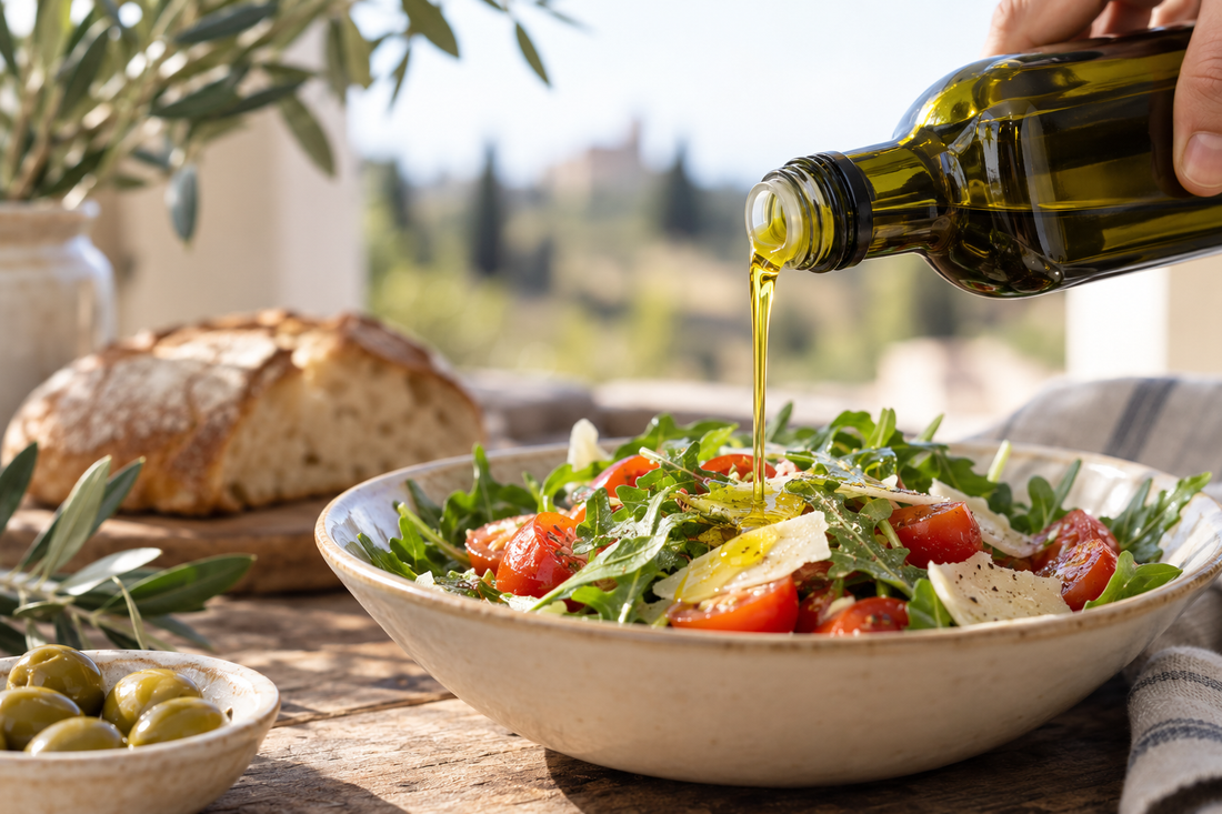 Olio extravergine di oliva versato a tavola, immagine editoriale per la guida a DOP e IGP