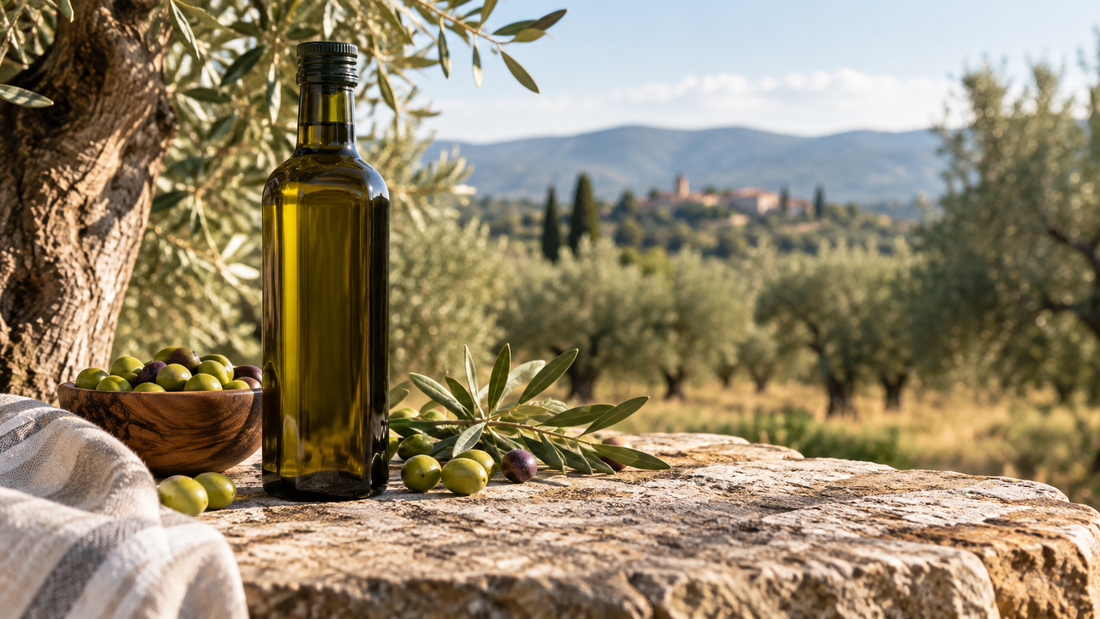 Bottiglia di olio extravergine di oliva con olive e oliveto sullo sfondo