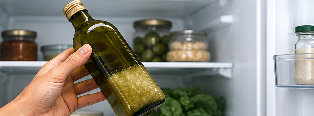 Bottiglia di olio extravergine di oliva in frigorifero durante il test del freddo