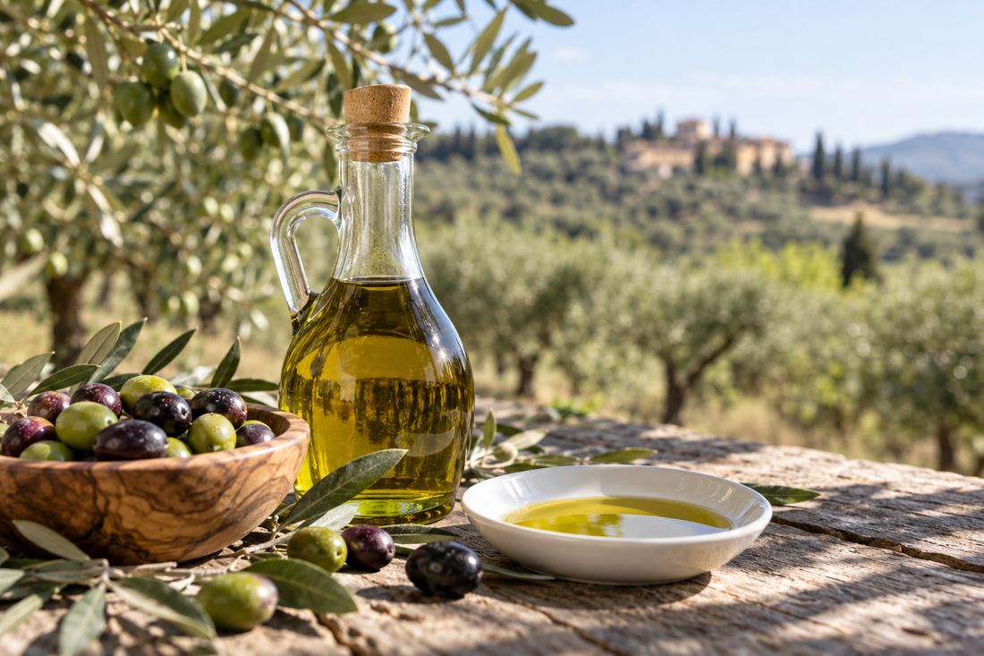 Olio di oliva e olive in un uliveto mediterraneo, immagine editoriale sulle categorie dell’olio