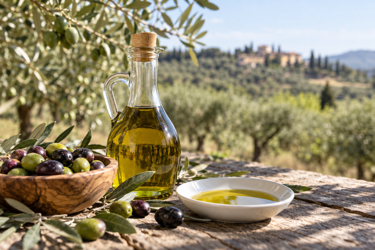Olio di oliva e olive in un uliveto mediterraneo, immagine editoriale sulle categorie dell’olio