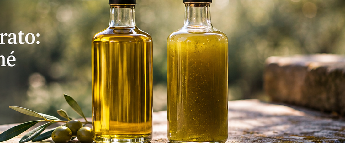 Olio extravergine filtrato e non filtrato a confronto, con una bottiglia limpida e una torbida