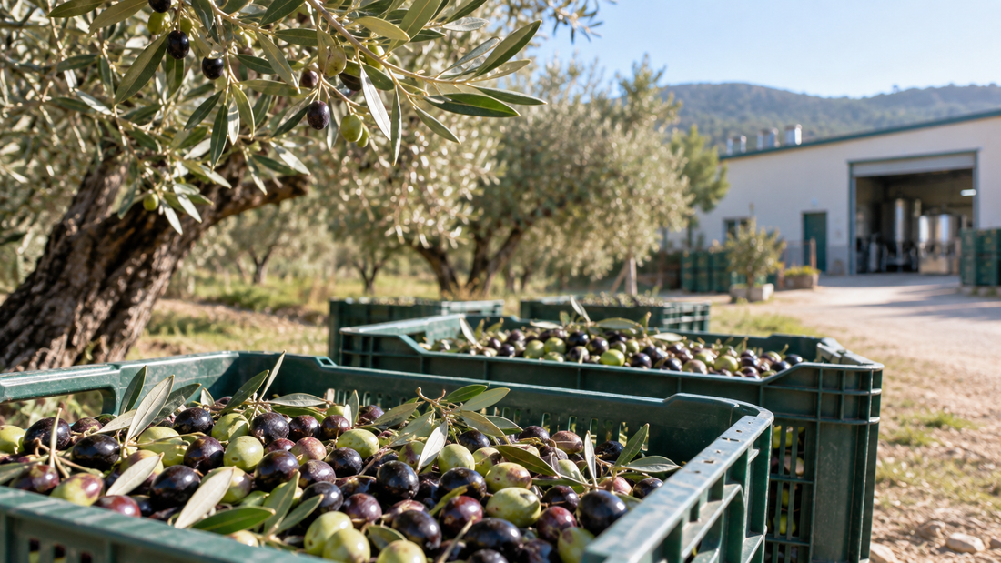 Cassette di olive appena raccolte vicino al frantoio prima della molitura
