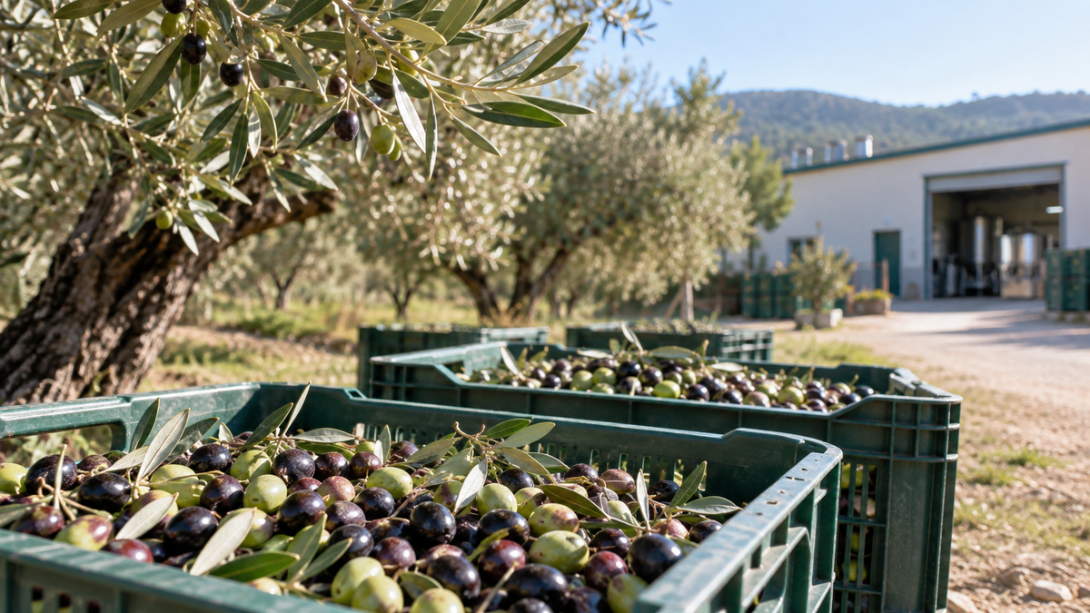 Cassette di olive appena raccolte vicino al frantoio prima della molitura
