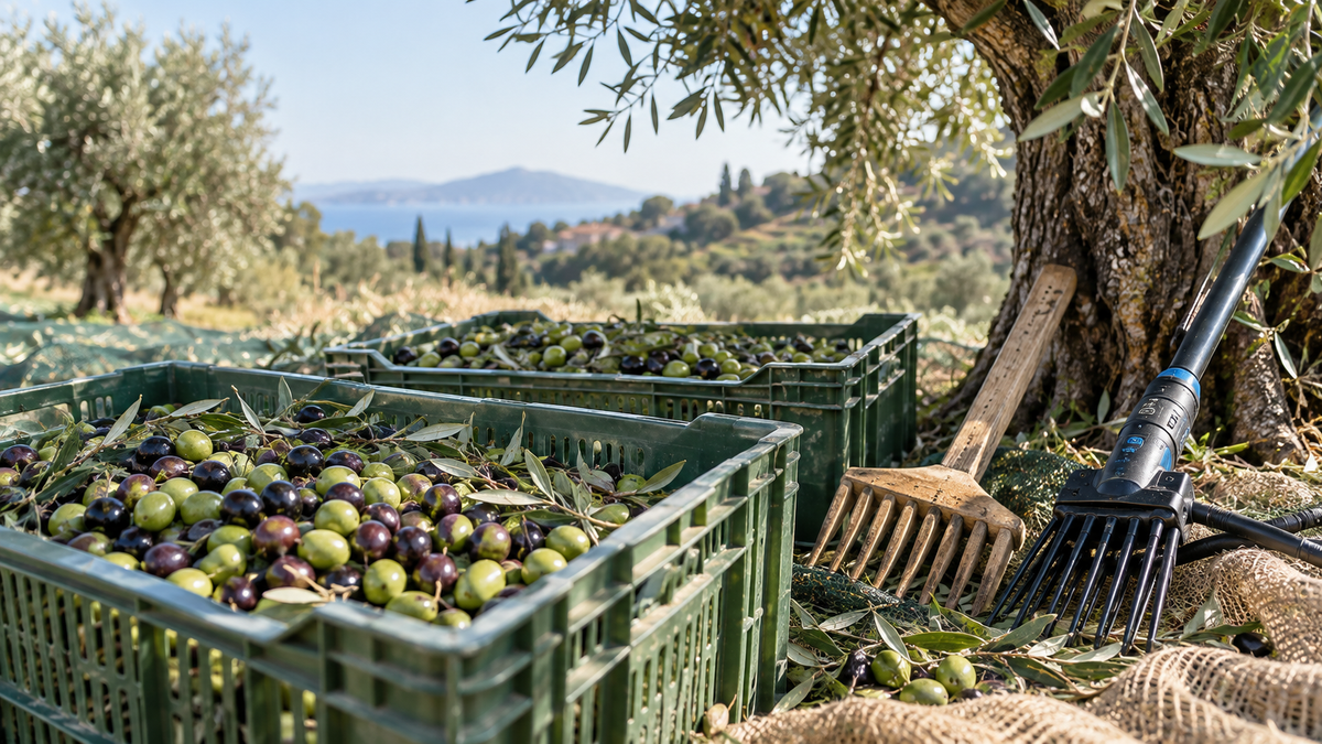 Olive appena raccolte con cassette e attrezzi per la raccolta manuale e meccanizzata in un uliveto