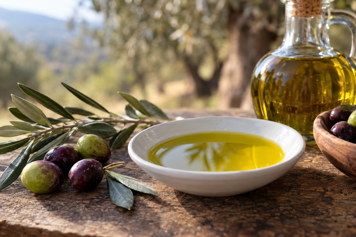 Olive verdi e mature accanto a olio extravergine, per spiegare come il grado di maturazione influenza il profilo dell’olio