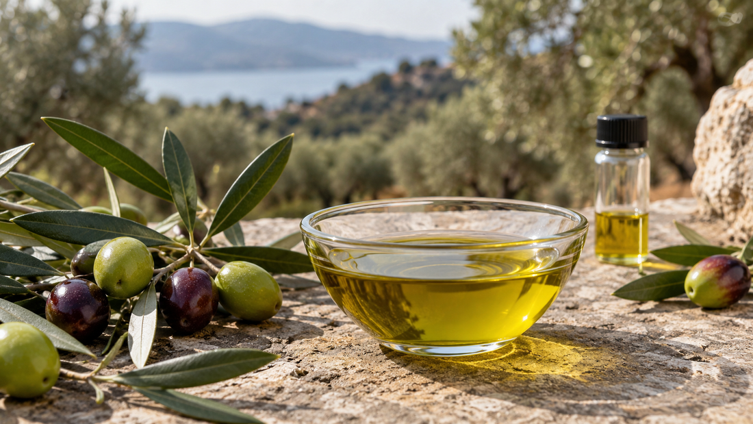 Olio extravergine di oliva con olive e foglie in un uliveto, immagine editoriale sui polifenoli dell’EVO