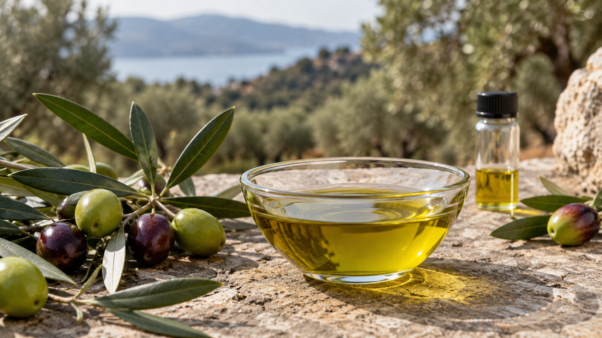 Olio extravergine di oliva con olive e foglie in un uliveto, immagine editoriale sui polifenoli dell’EVO
