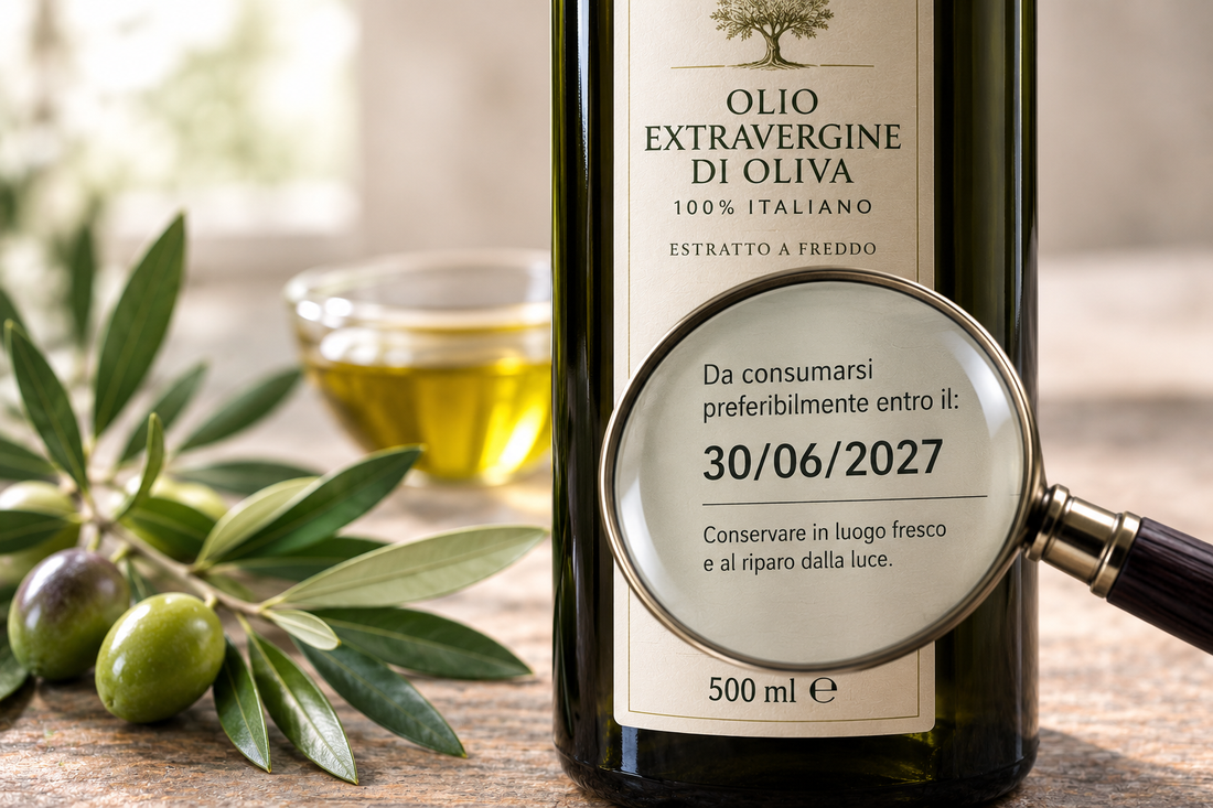 Lente di ingrandimento sulla data da consumarsi preferibilmente entro di una bottiglia di olio extravergine di oliva