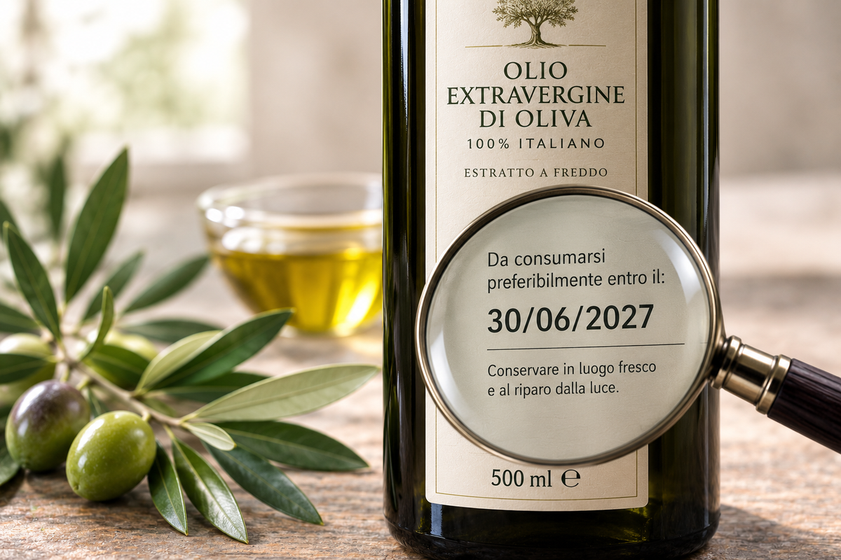Lente di ingrandimento sulla data da consumarsi preferibilmente entro di una bottiglia di olio extravergine di oliva