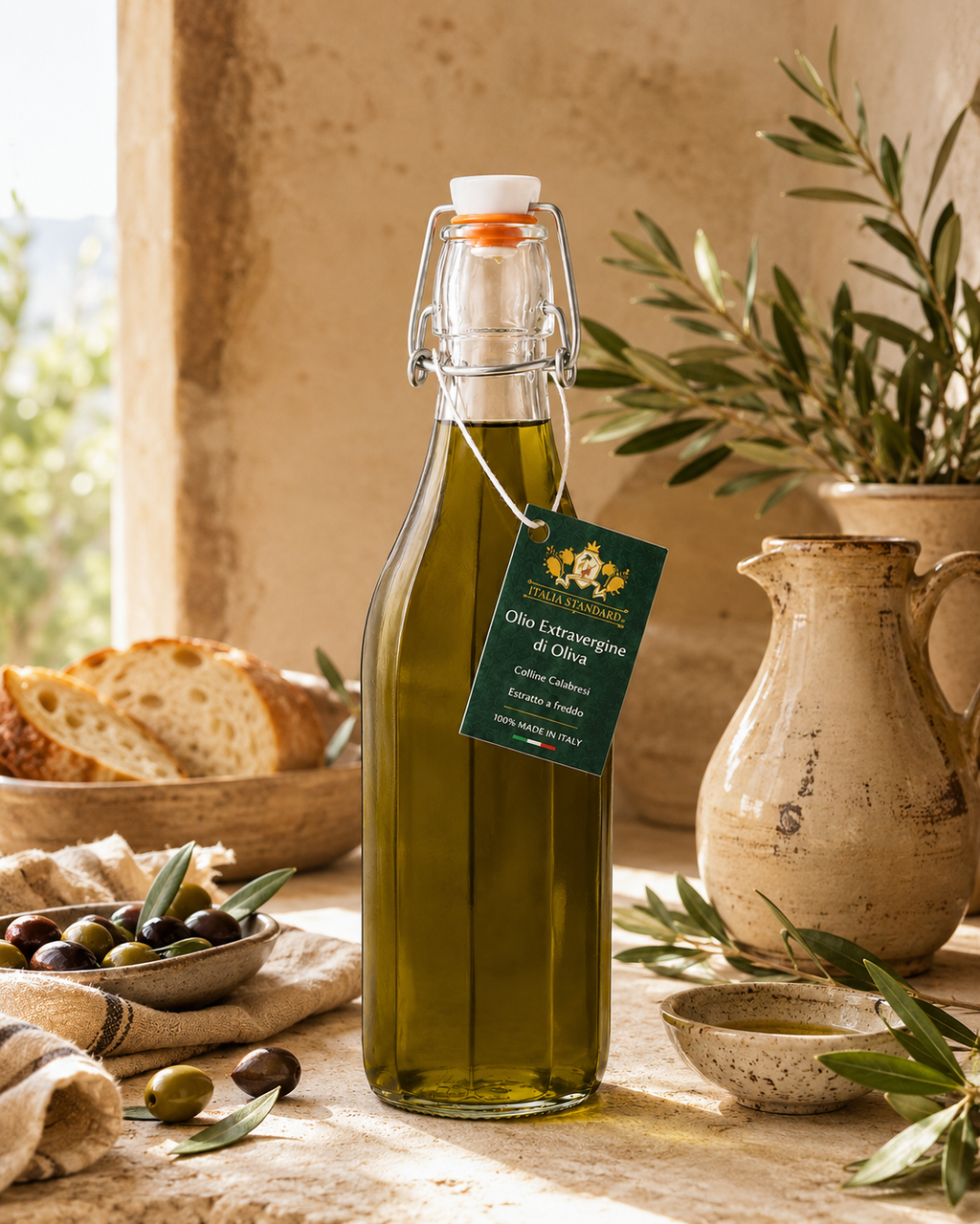 Italia Standard olio EVO 1 litro con cartellino italiano — ambientazione con olive e pane