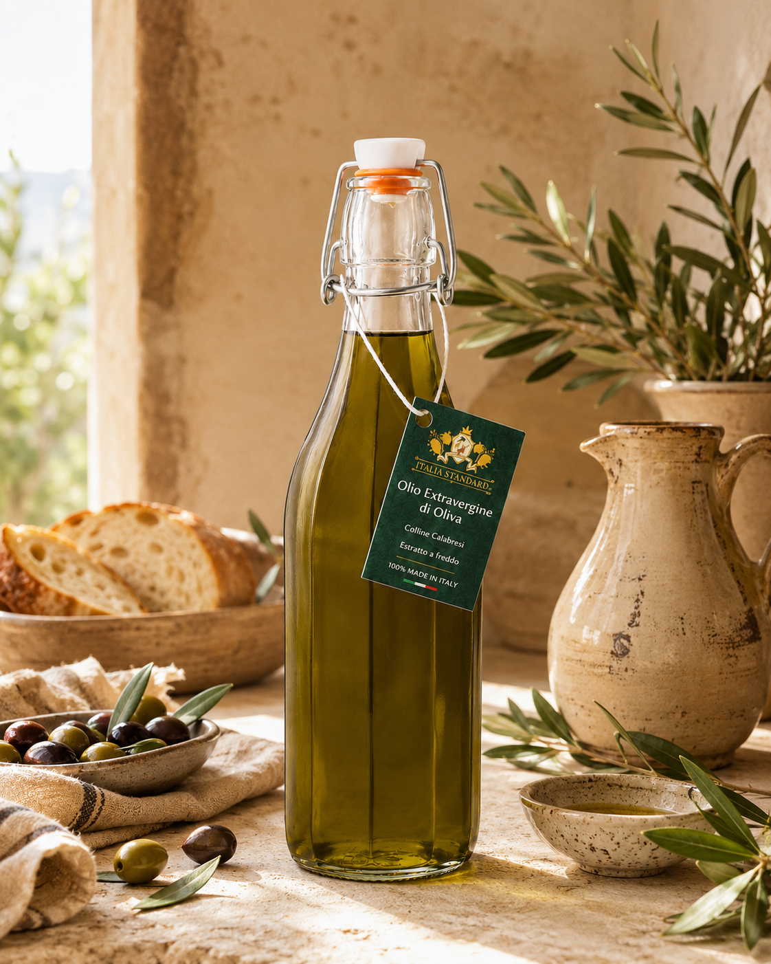 Italia Standard olio EVO 1 litro con cartellino italiano — ambientazione con olive e pane
