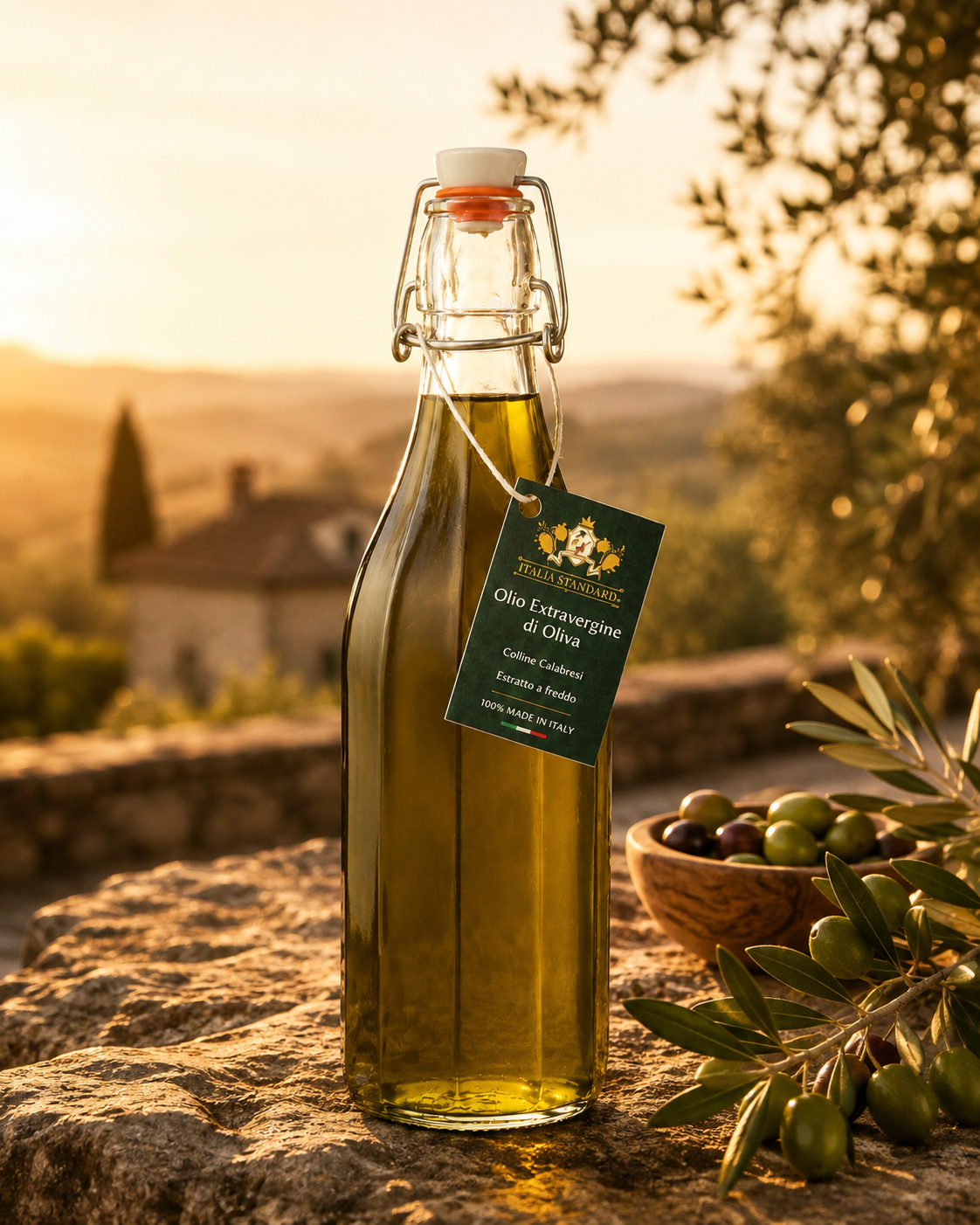 Italia Standard olio EVO 1 litro con cartellino italiano — ambientazione tra gli ulivi al tramonto